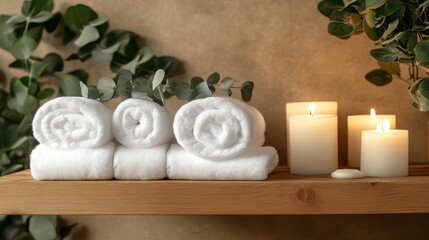 Spa-style bathroom with eucalyptus branches, candles, and fluffy white towels on a wooden shelf
