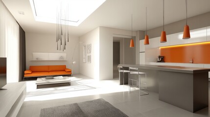 Spacious kitchen with breakfast nook, skylight, and modern pendant lights