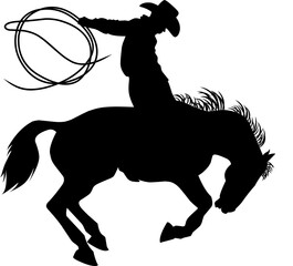 Dynamic cowboy silhouette riding a bucking horse, holding a lasso. Ideal for Western themes and rodeo designs