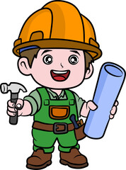 Happy cartoon boy builder holding a hammer and blueprint, ready for construction and creative projects