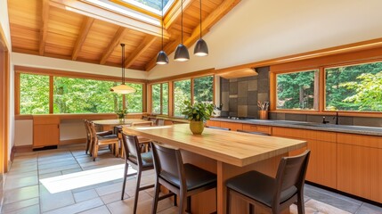 Spacious kitchen with breakfast nook, skylight, and modern pendant lights
