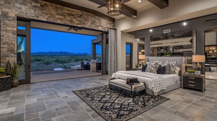 Spacious master bedroom with a king bed, luxury rug, and designer lighting