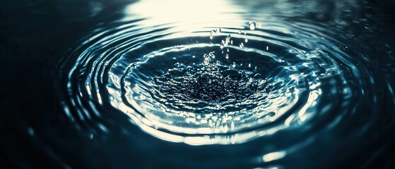 Water Droplet Impact Ripples and Reflections on Dark Blue Liquid Surface