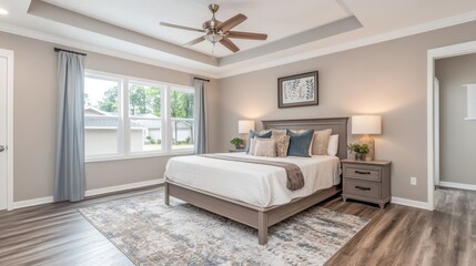 Spacious master bedroom with a king bed, luxury rug, and designer lighting