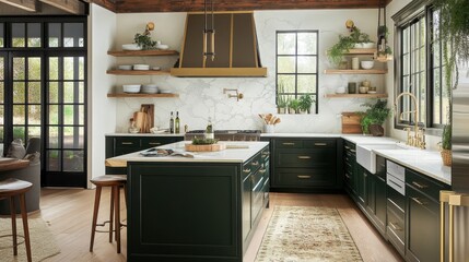 Fototapeta premium Stylish kitchen with dark green cabinets, gold hardware, and rustic wood shelves