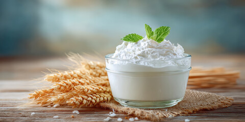 A fresh bowl of whipped cream garnished with mint leaves, accompanied by stalks of wheat on a rustic wooden surface.