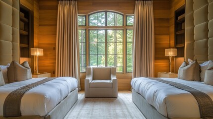 Twin bedroom with symmetrical furniture, matching bedding, and balanced design