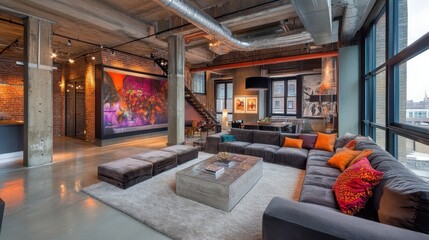Urban chic living room with exposed ductwork, bright accents, and industrial finishes