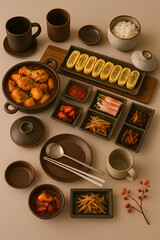 "Traditional Korean Meal with Various Side Dishes"