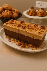 "Assorted Desserts Featuring Pecan-Topped Cake and Pastries"