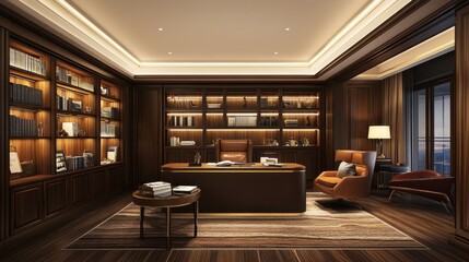 Warm-toned home office with wooden textures, ambient lighting, and organized workspace