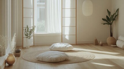 Zen-inspired living room with natural wood, floor cushions, shoji screens, and a calming aesthetic