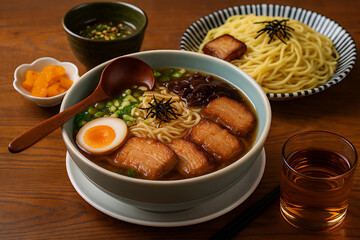 "Traditional Japanese Ramen with Pork Belly and Side Dishes"