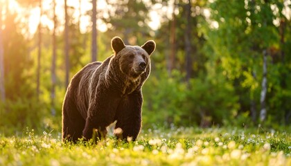 Fototapeta premium Majestic Brown Bear in a Sunlit Forest Clearing