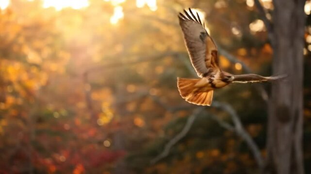 Hawk In Flight Autumn Forest Golden Hour