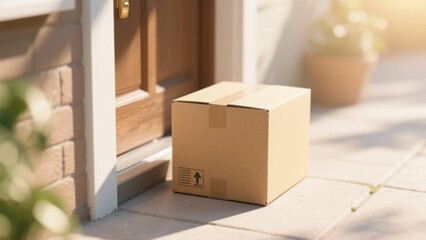 A cardboard package arrives at the doorstep, symbolizing convenience and modern delivery services.	