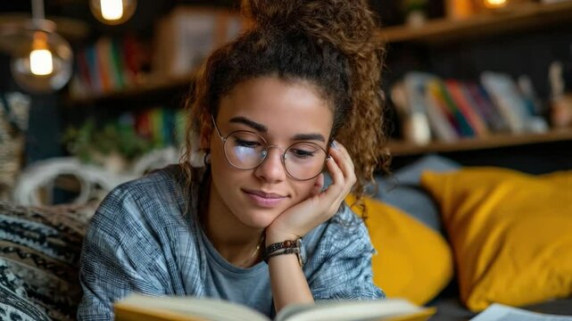 Literary Solitude: A young woman finds solace and knowledge within the pages of a captivating book, her glasses and thoughtful expression capturing the magic of reading. 