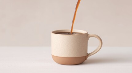 Pouring hot coffee into a ceramic mug on a simple wooden table in a minimalist setting during the morning.