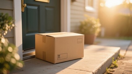 A cardboard package arrives at the doorstep, symbolizing convenience and modern delivery services.	
