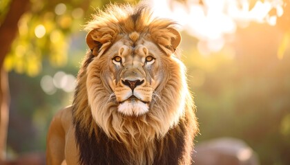 Fototapeta premium Majestic Male Lion Portrait in Golden Sunlight