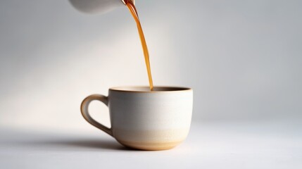 Warm beverage being poured into a ceramic cup against a soft background in a cozy indoor setting.