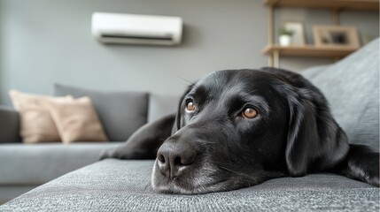 Relaxed black Labrador resting on a couch in a modern living room during the afternoon.