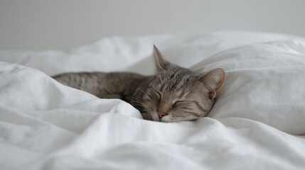 Cat peacefully sleeping on a white bedspread in a cozy room during the afternoon.