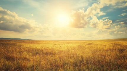 Fototapeta premium Golden wheat field at sunset, vast sky with fluffy clouds