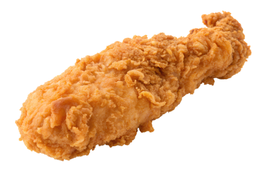 Golden brown fried chicken drumstick with crunchy coating, isolated on white background, perfect for fast food and comfort food themes.
