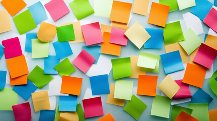 Obraz premium Colorful sticky notes in artistic pattern on glass, symbolizing creative workspace ideas