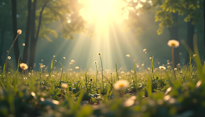 Landscape illustration, morning mist covering the forest with soft sunlight, a quiet path, stream and trees, golden sunset light shining through the bright grassland.