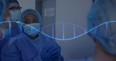 Female medical staff tapping touchscreen, enabling animated DNA helix, team analyzing genetic data - Powered by Adobe