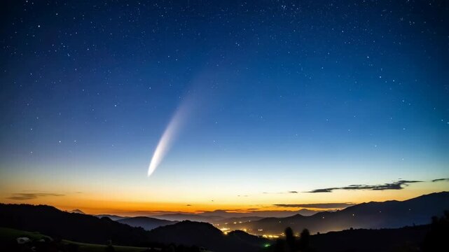 Bright comet streaks across night sky with twilight glow over distant mountains and city lights in horizontal landscape format