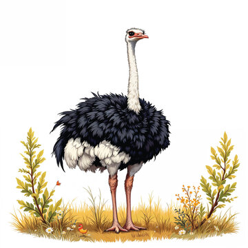 ostrich standing in grass, white background clip art preview