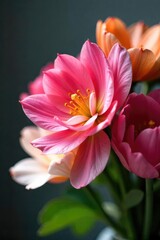 Naklejka premium Close-up of a vibrant bouquet of flowers, petals softly illuminated, conveying a sense of freshness and gentle breathing Perfect for spa, wellness, or floral design projects , macro, wellness