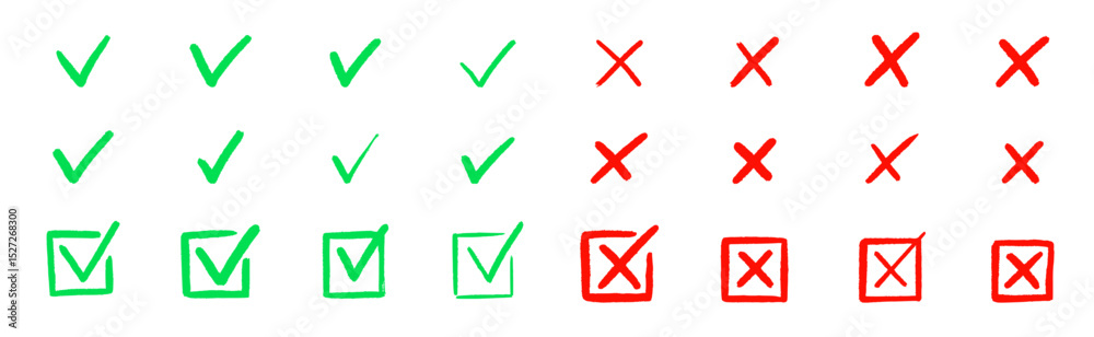Poster Check tick mark icon set. Cross box x check mark checkbox v list vector draw hand drawn sketch doodle brush marker checklist symbol wrong right circle. Vector Illustration