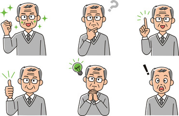 Fototapeta premium 私服の高齢男性のジェスチャーポーズセット