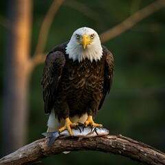 Wild Bald Eagle Holding Fresh Fish on Tree