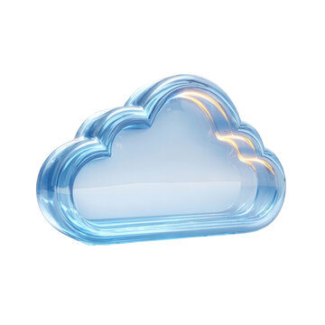 Abstract blue glass cloud computing technology icon digital network data storage server internet cloud computing service on transparent background 3d