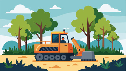 A remotecontrolled mulcher clears out brush and undergrowth in preparation for planting new trees promoting faster and healthier growth.. Vector illustration