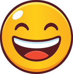 Obraz premium Vector Illustration of a Bright Yellow Cartoon Smiley Face with Closed Eyes and a Big Tooth Smile, Radiating Joy and Positivity in a Glossy Minimalist Style