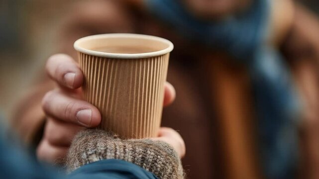 Cup of Coffee in Hand: A person's hand, adorned in a cozy mitten, delicately holds a paper cup of coffee, evoking a feeling of warmth and comfort amidst the serene autumnal ambiance. 