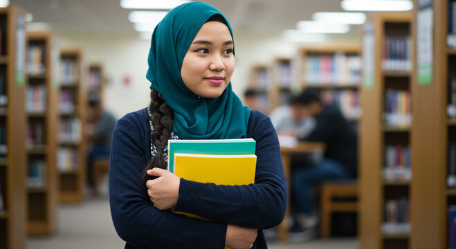 Young woman in hijab holding books in a library, looking thoughtfully into the distance
