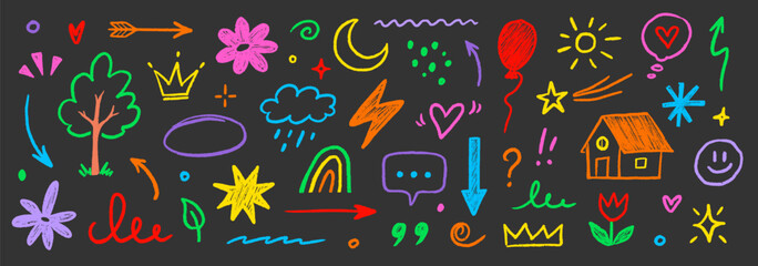 Hand drawn crayon child pencil style icon set. Cute rainbow, heart, crown, flower and sun in colorful kid doodle style. Chalk texture, cloud, smile, star and sketch figure for play or school design
