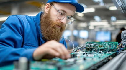 Precision in Progress: An experienced technician, immersed in the intricate world of electronics, meticulously examines a circuit board, a testament to the dedication in the field of technology. - Powered by Adobe