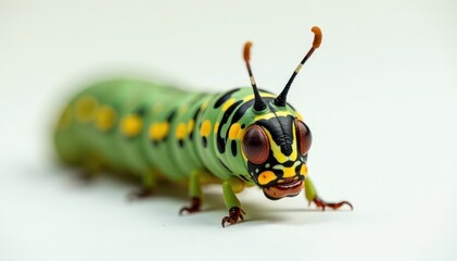 Fototapeta premium Close-up of a swallowtail caterpillar on white , striped, black, entomology