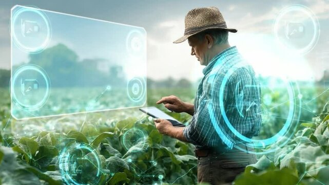 Digital Farming: A skilled farmer in a straw hat, deeply engaged with the smart farming digital interface, navigating data with precision and innovation in his field.
