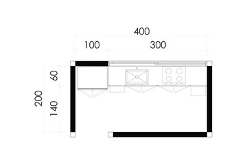 2 dimension floor plan design of kitchen with dimension, line vector black on white background. Set 6
