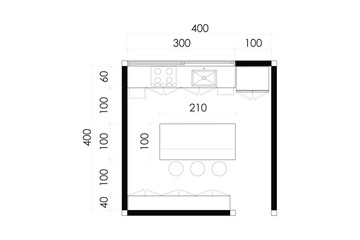 2 dimension floor plan design of kitchen with dimension, line vector black on white background. Set 10