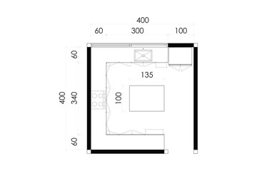 2 dimension floor plan design of kitchen with dimension, line vector black on white background. Set 9
